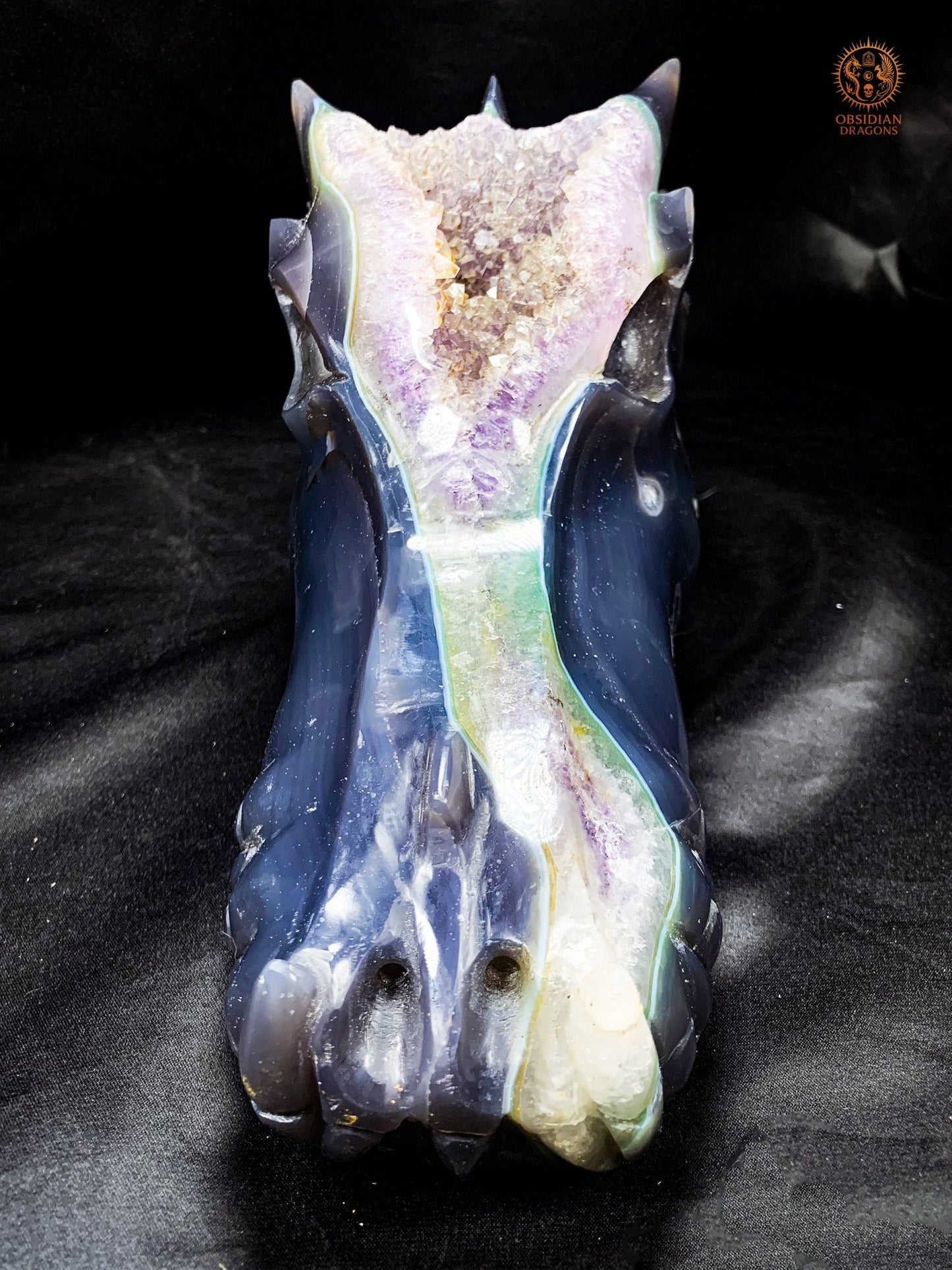 Très grand Crâne de Dragon en Géode de Quartz – Pièce rare | obsidian dragons