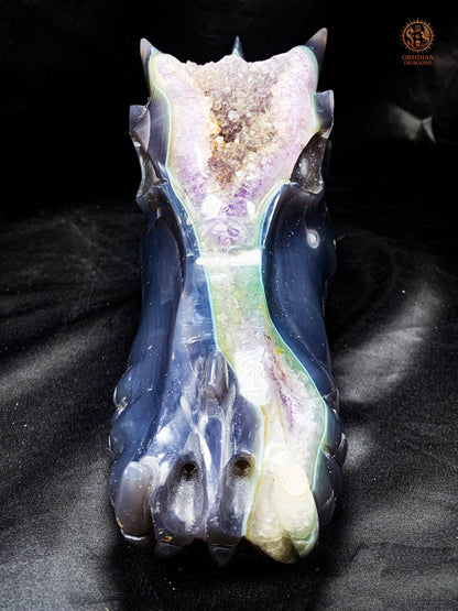 Très grand Crâne de Dragon en Géode de Quartz – Pièce rare | obsidian dragons