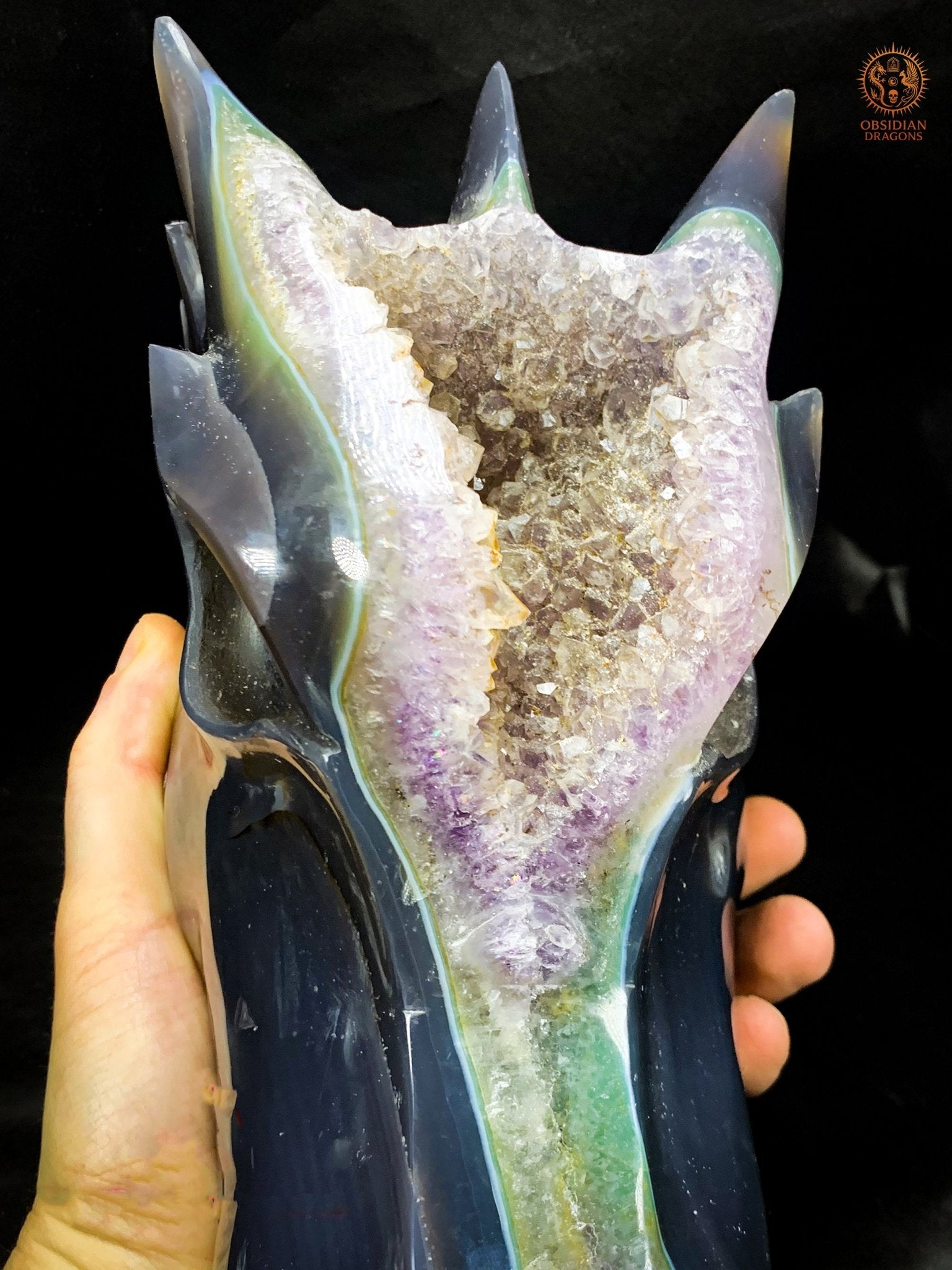 Très grand Crâne de Dragon en Géode de Quartz – Pièce rare | obsidian dragons