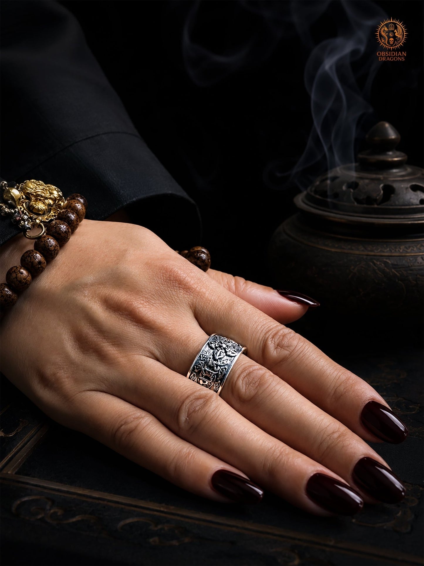 Bague bouddhiste tibétaine argent 925 – Dorje & compassion - obsidian dragons
