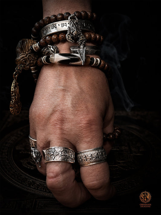 Bague bouddhiste tibétaine argent 925 – Dorje & compassion - obsidian dragons