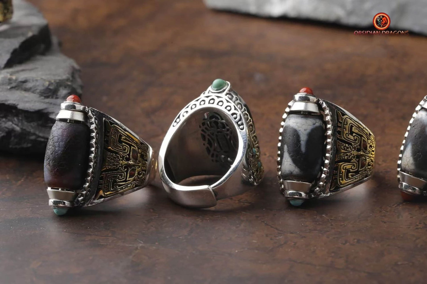 Bague DZI- Dents de tigre- Bague de protection tibétaine | obsidian dragons