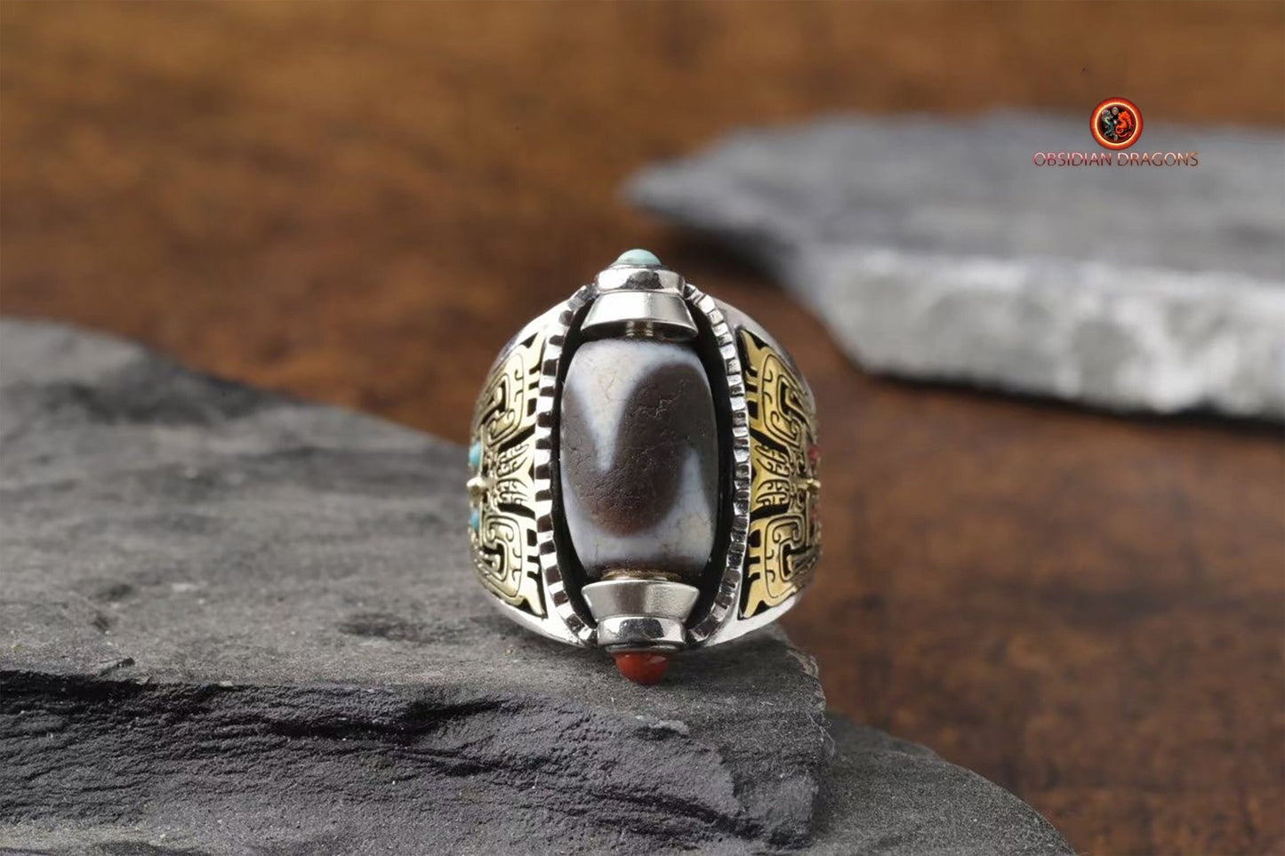 Bague DZI- Dents de tigre- Bague de protection tibétaine | obsidian dragons