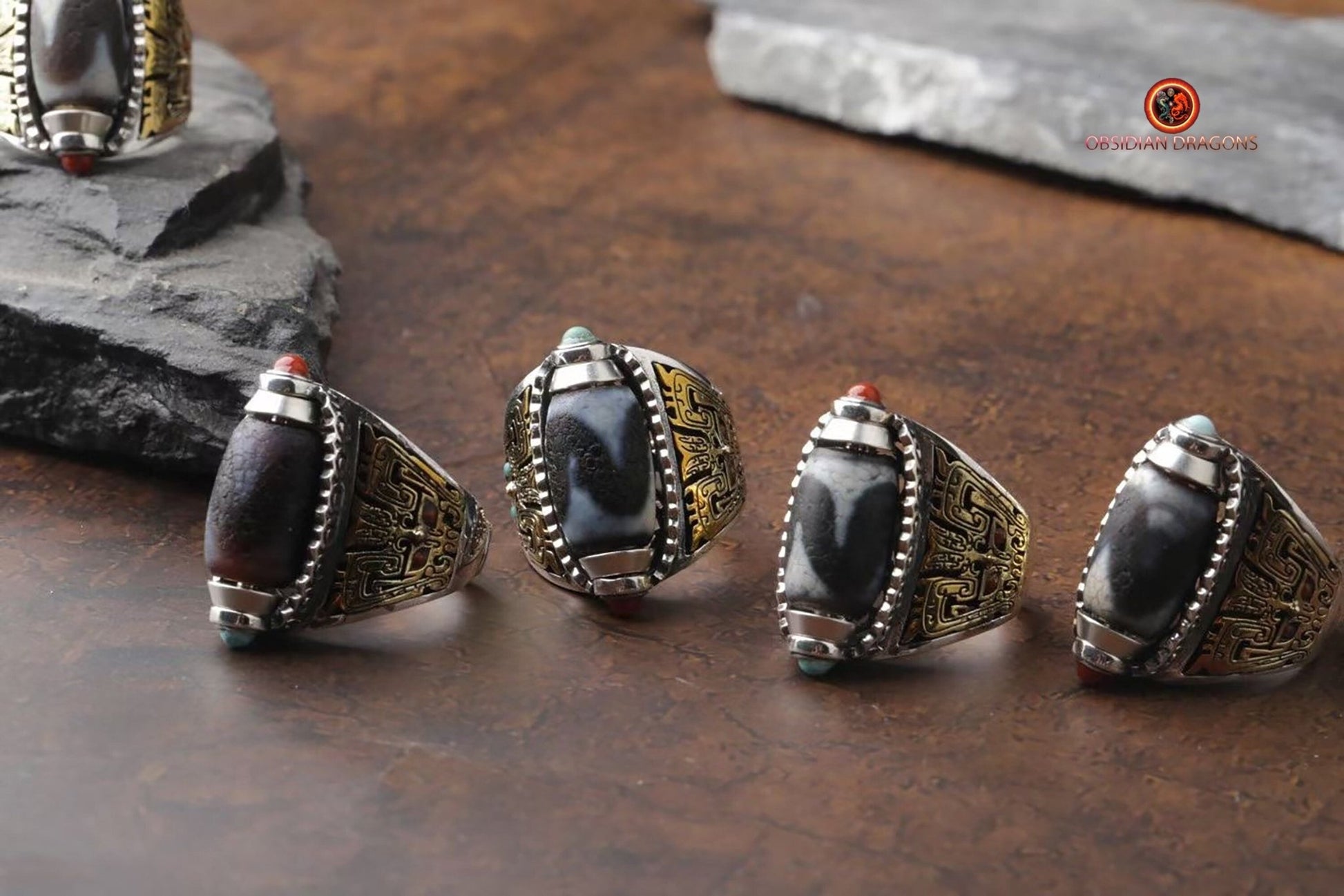 Bague DZI- Dents de tigre- Bague de protection tibétaine | obsidian dragons