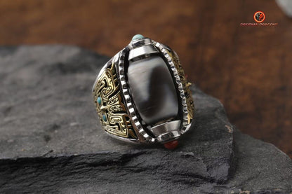 Bague DZI- Dents de tigre- Bague de protection tibétaine | obsidian dragons