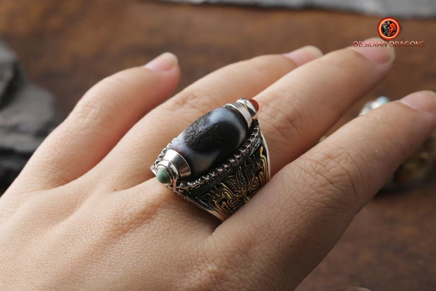 Bague DZI- Dents de tigre- Bague de protection tibétaine | obsidian dragons