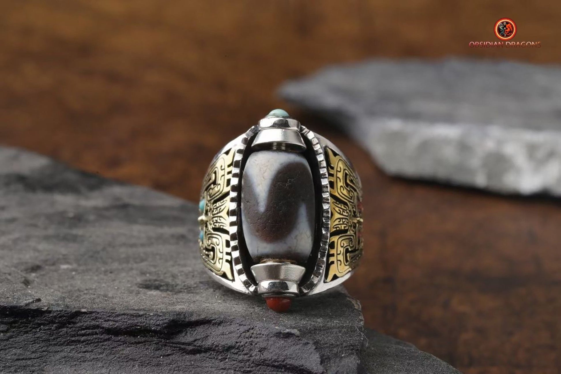 Bague DZI- Dents de tigre- Bague de protection tibétaine | obsidian dragons