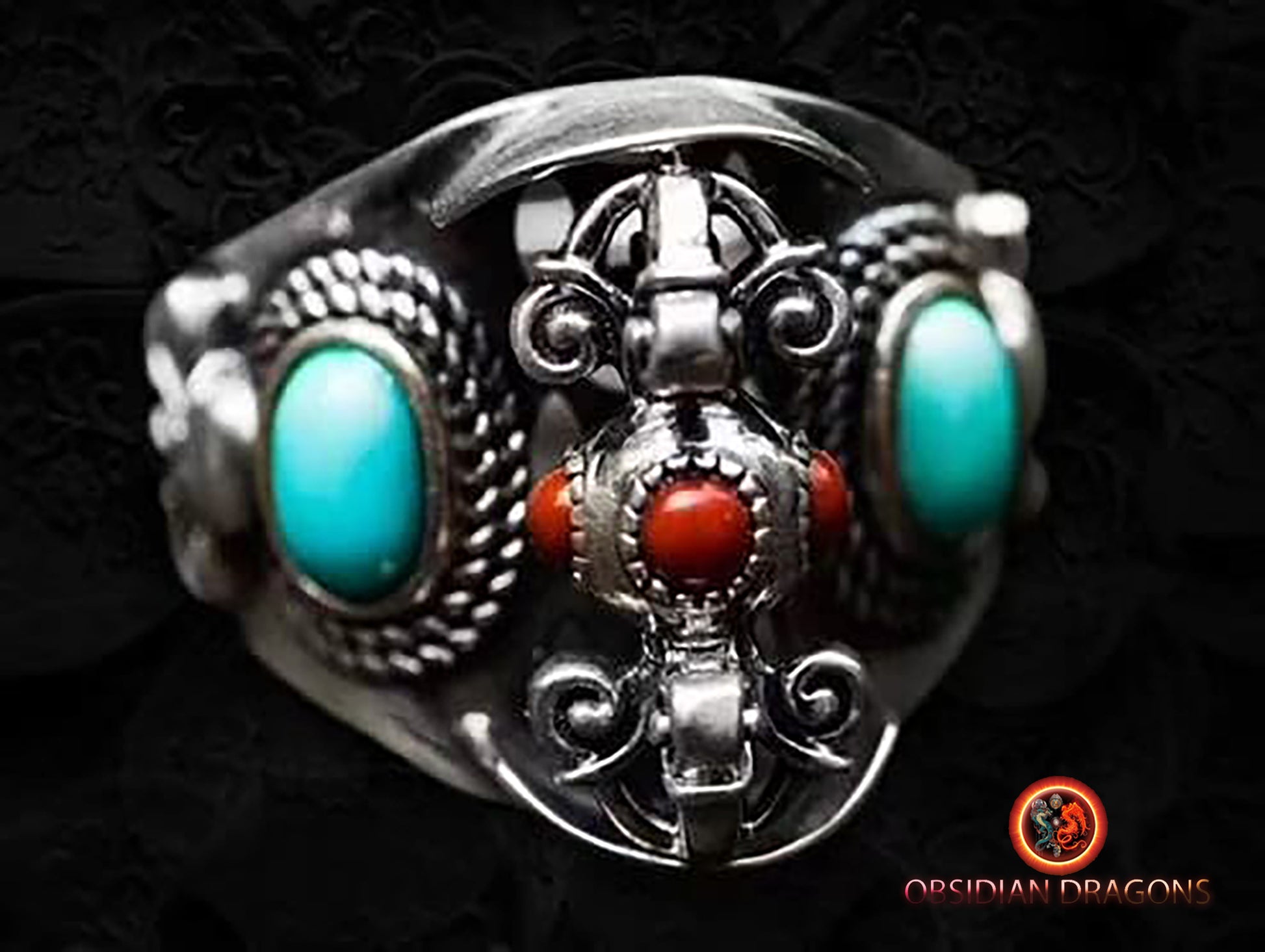 bague bouddhiste tibétaine double dorje argent 925  agate dite nan hong et turquoise d'Arizona - obsidian dragon