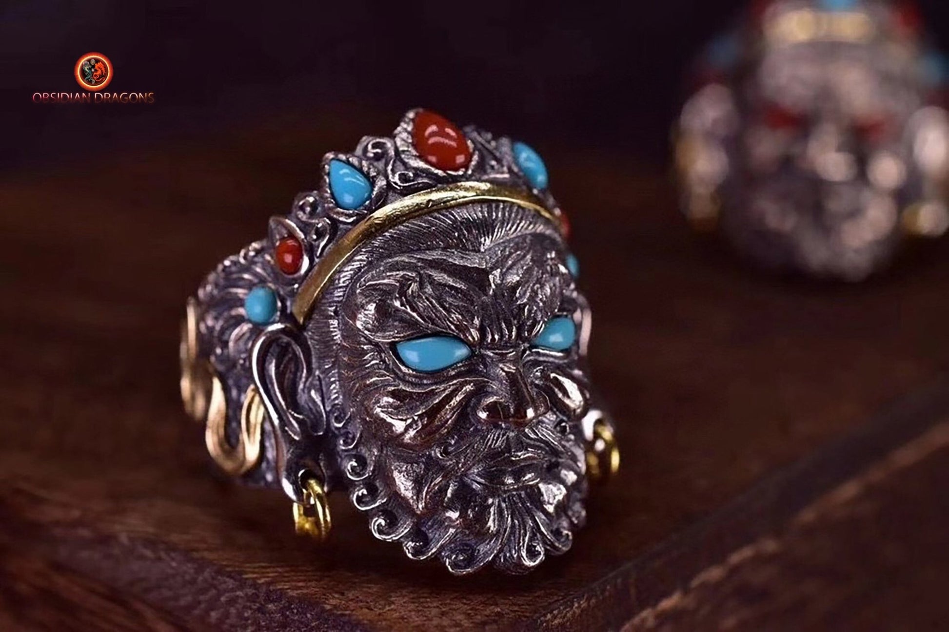 Bague bouddhiste tibétaine- Protection de Jambhala | obsidian dragons