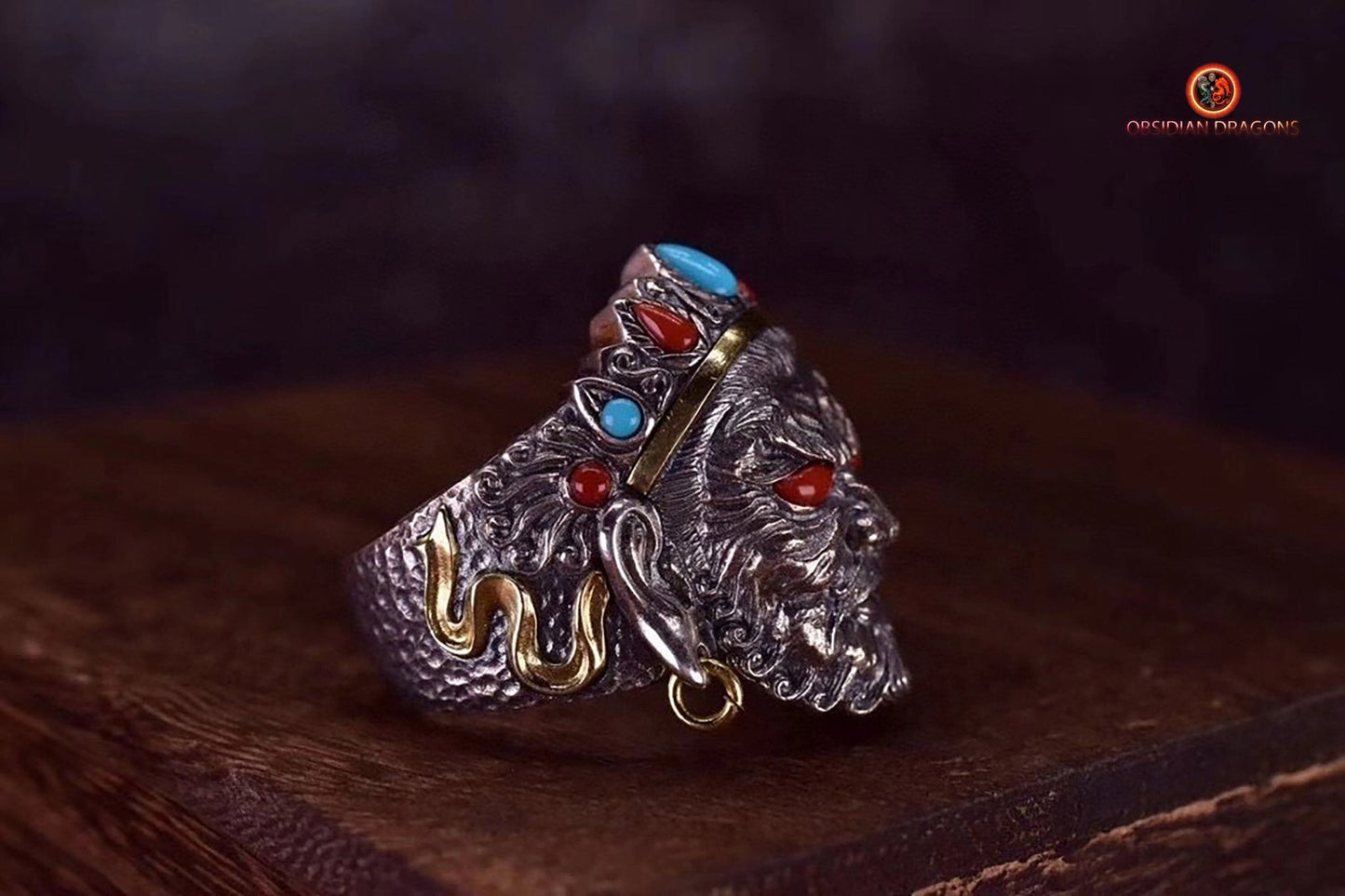 Bague bouddhiste tibétaine- Protection de Jambhala | obsidian dragons