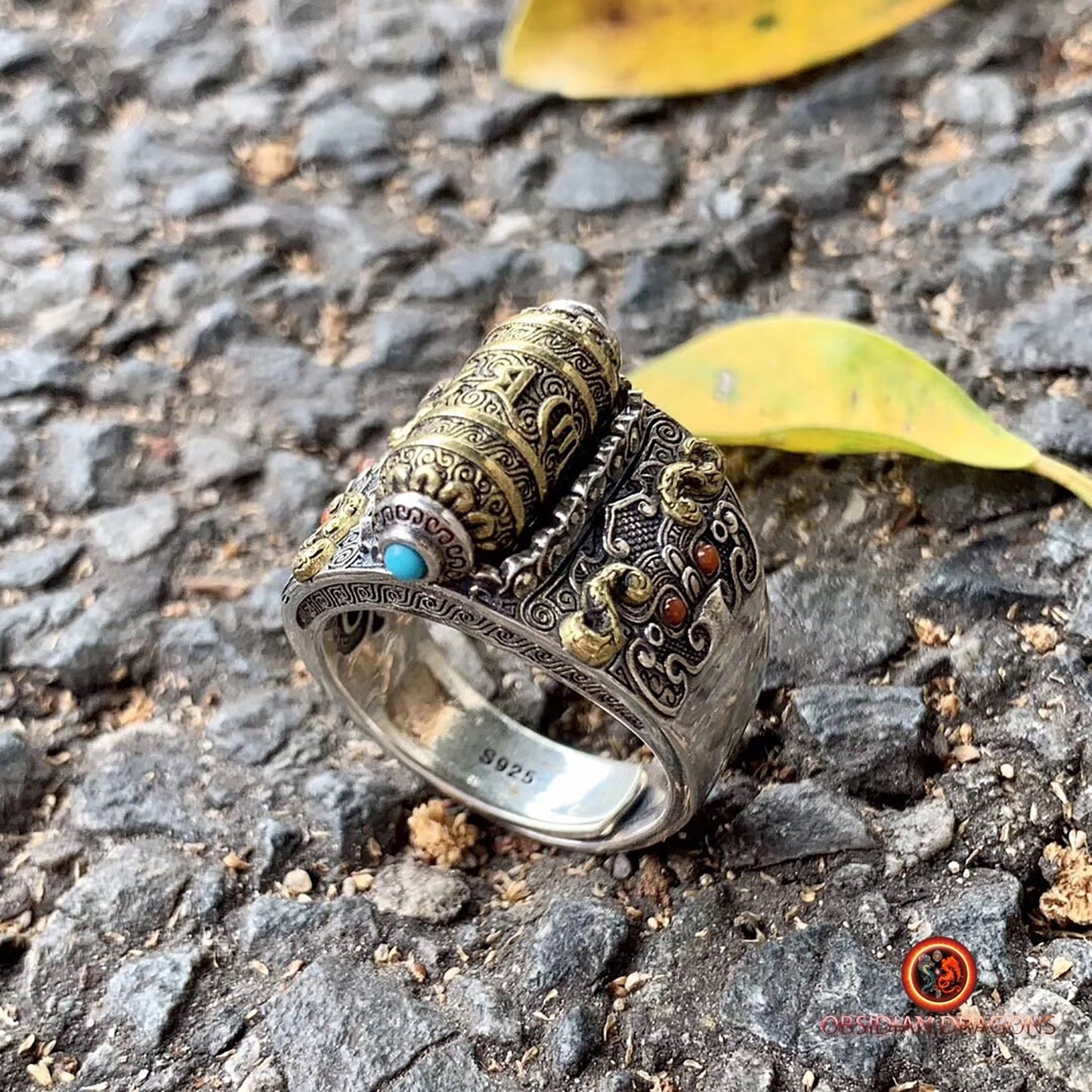 Bague tibétaine moulin à prière- Om mani padme hum | obsidian dragons