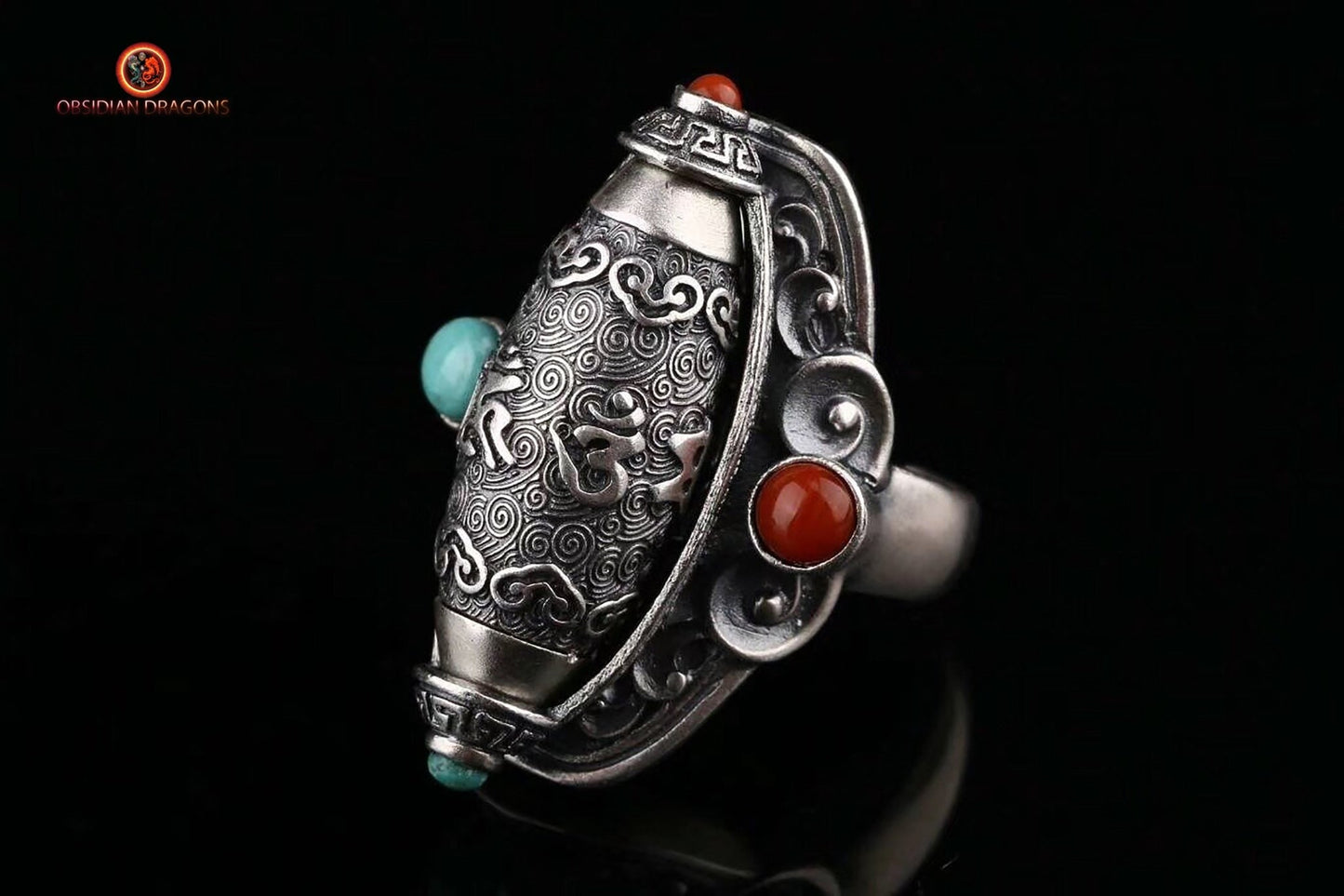 Bague moulin à prière tibétain- Argent 925 | obsidian dragons