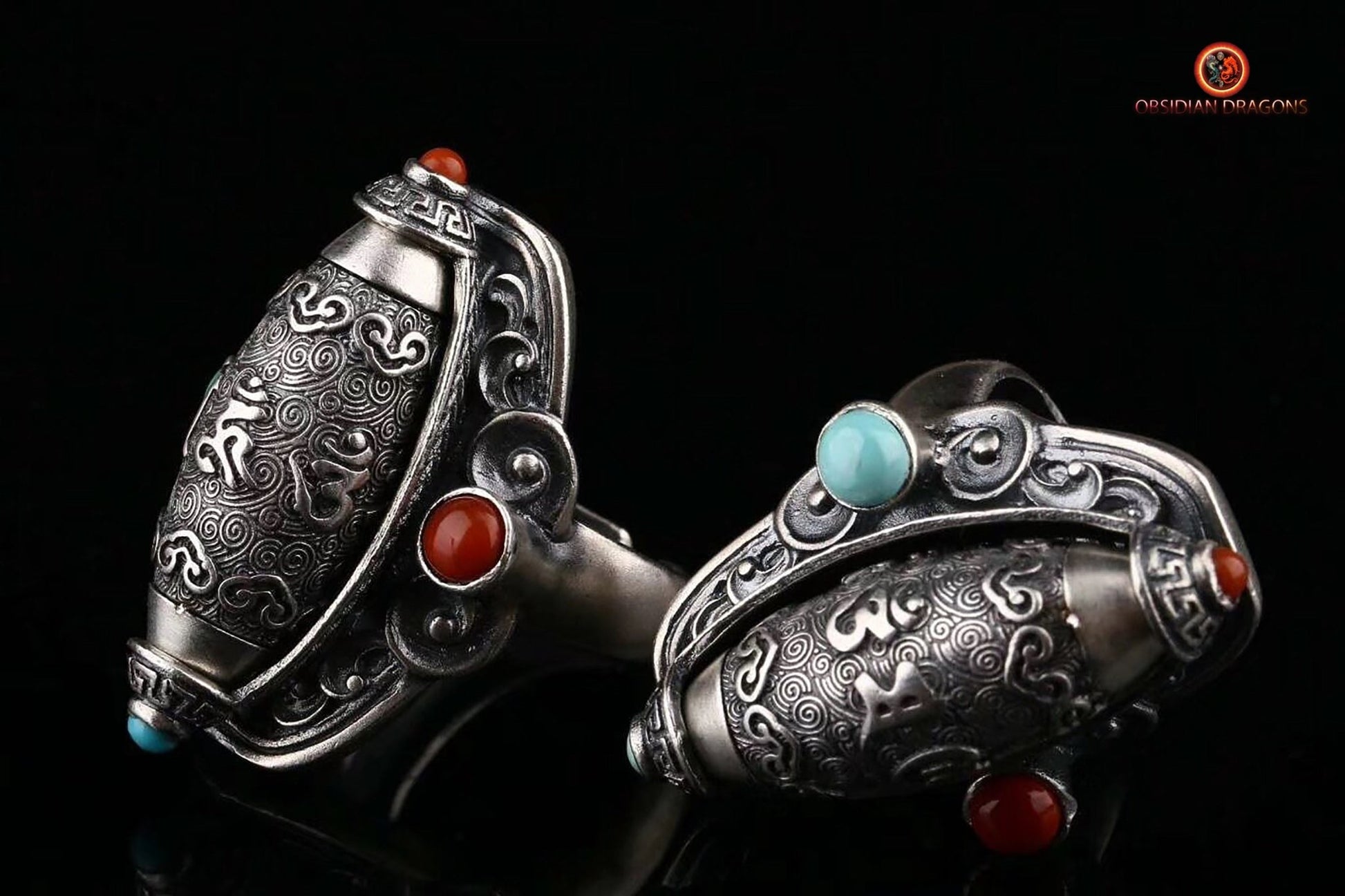 Bague moulin à prière tibétain- Argent 925 | obsidian dragons