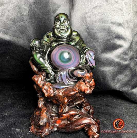 Rare statuette de bouddha en obsidienne oeil celeste | obsidian dragons