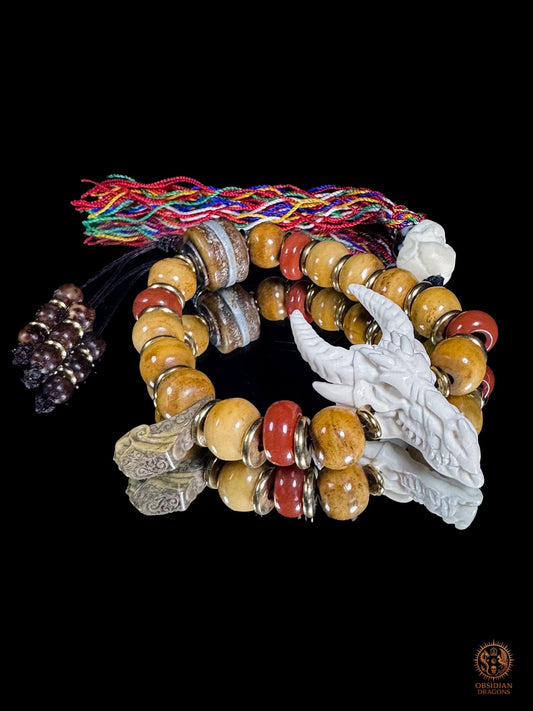 Bracelet Dragon - Bois de cerf, os, agate nan hong & DZI - obsidian dragons