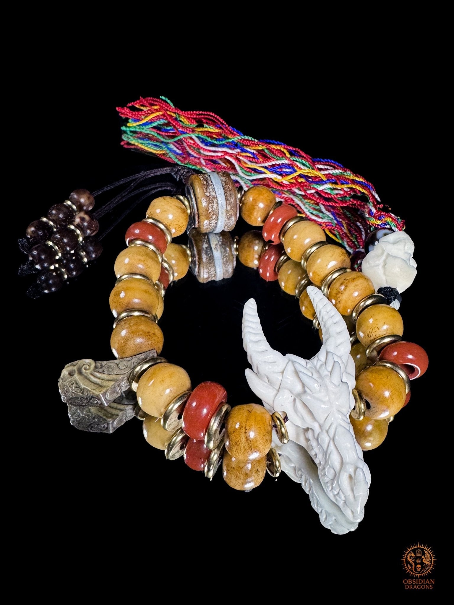 Bracelet Dragon - Bois de cerf, os, agate nan hong & DZI - obsidian dragons