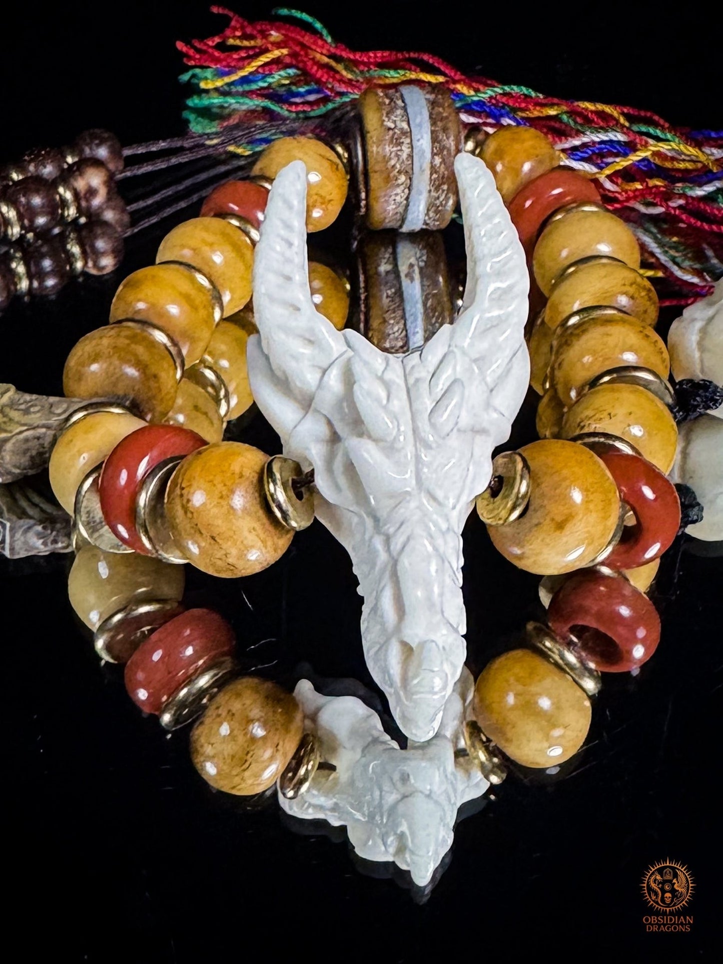 Bracelet Dragon - Bois de cerf, os, agate nan hong & DZI - obsidian dragons