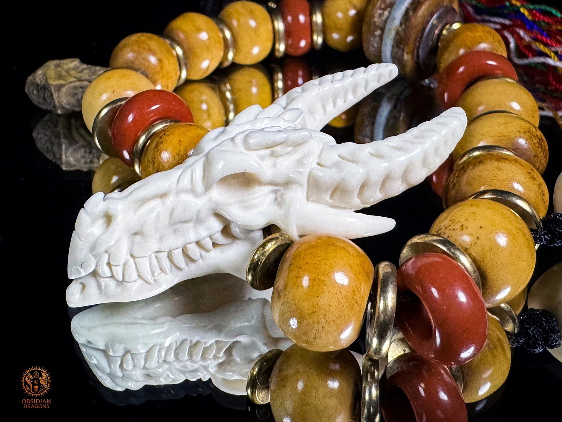 Bracelet Dragon - Bois de cerf, os, agate nan hong & DZI - obsidian dragons