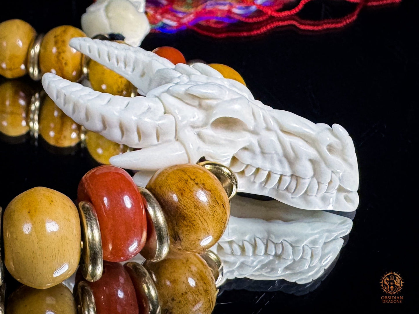 Bracelet Dragon - Bois de cerf, os, agate nan hong & DZI - obsidian dragons