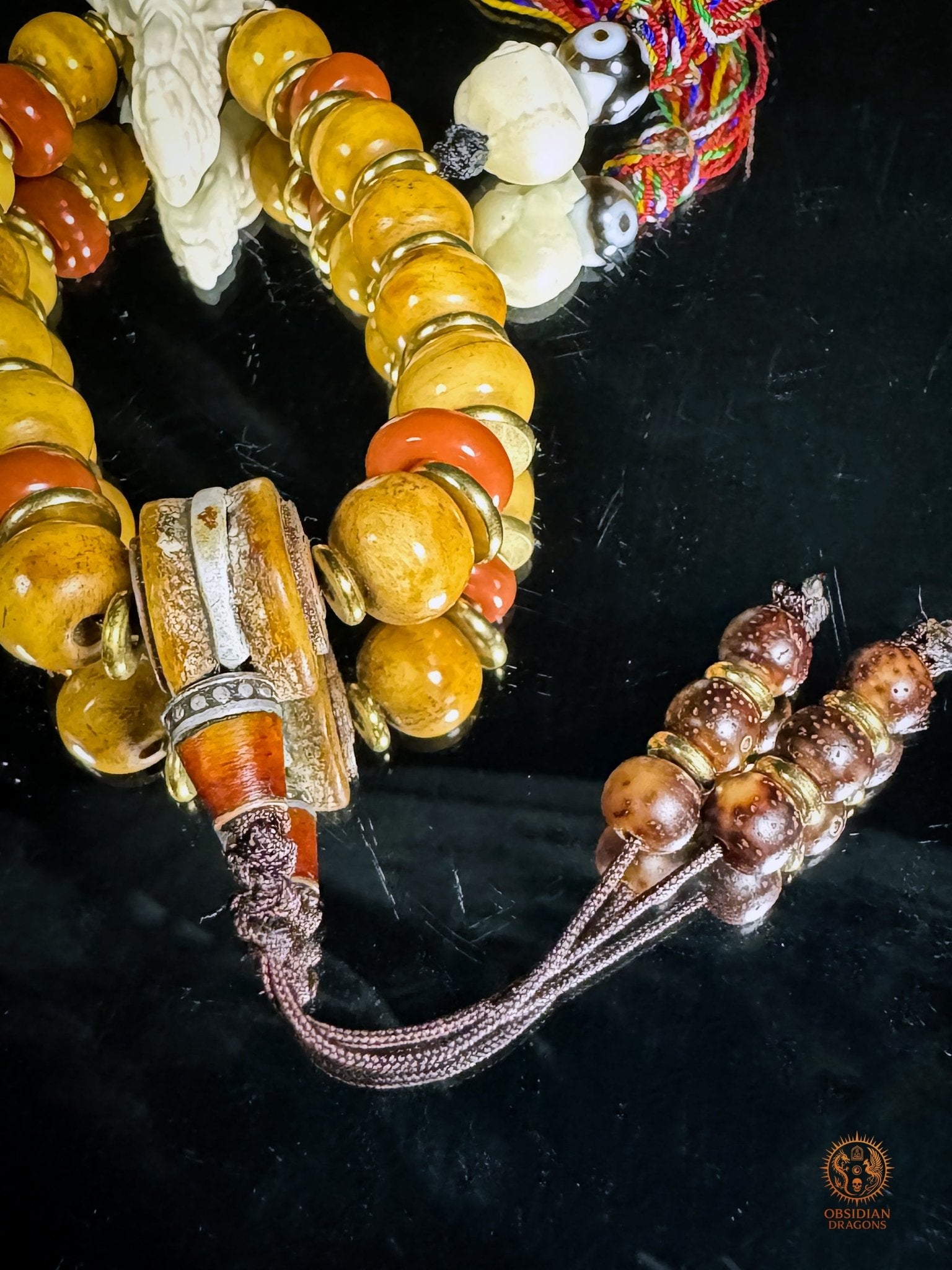 Bracelet Dragon - Bois de cerf, os, agate nan hong & DZI - obsidian dragons