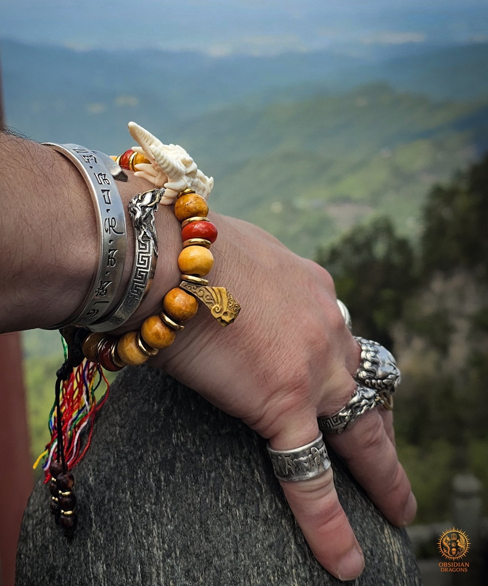 Bracelet Dragon - Bois de cerf, os, agate nan hong & DZI - obsidian dragons