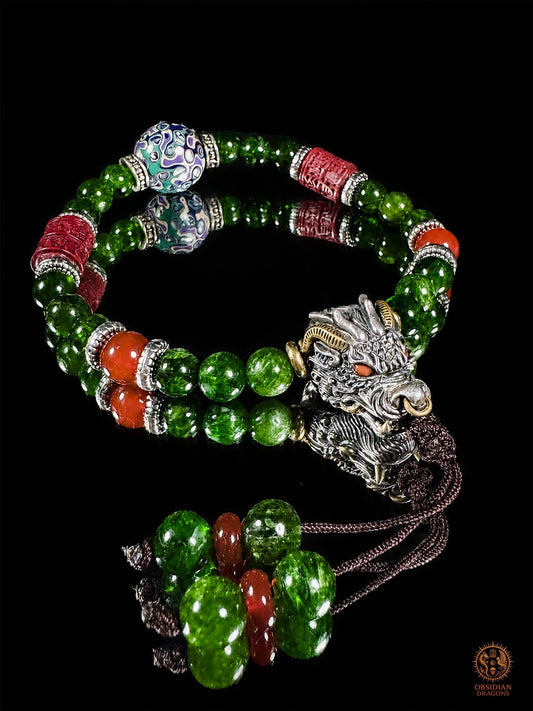 Bracelet dragon en diopside, cinabre et perle daqi - Qiuniu - obsidian dragons