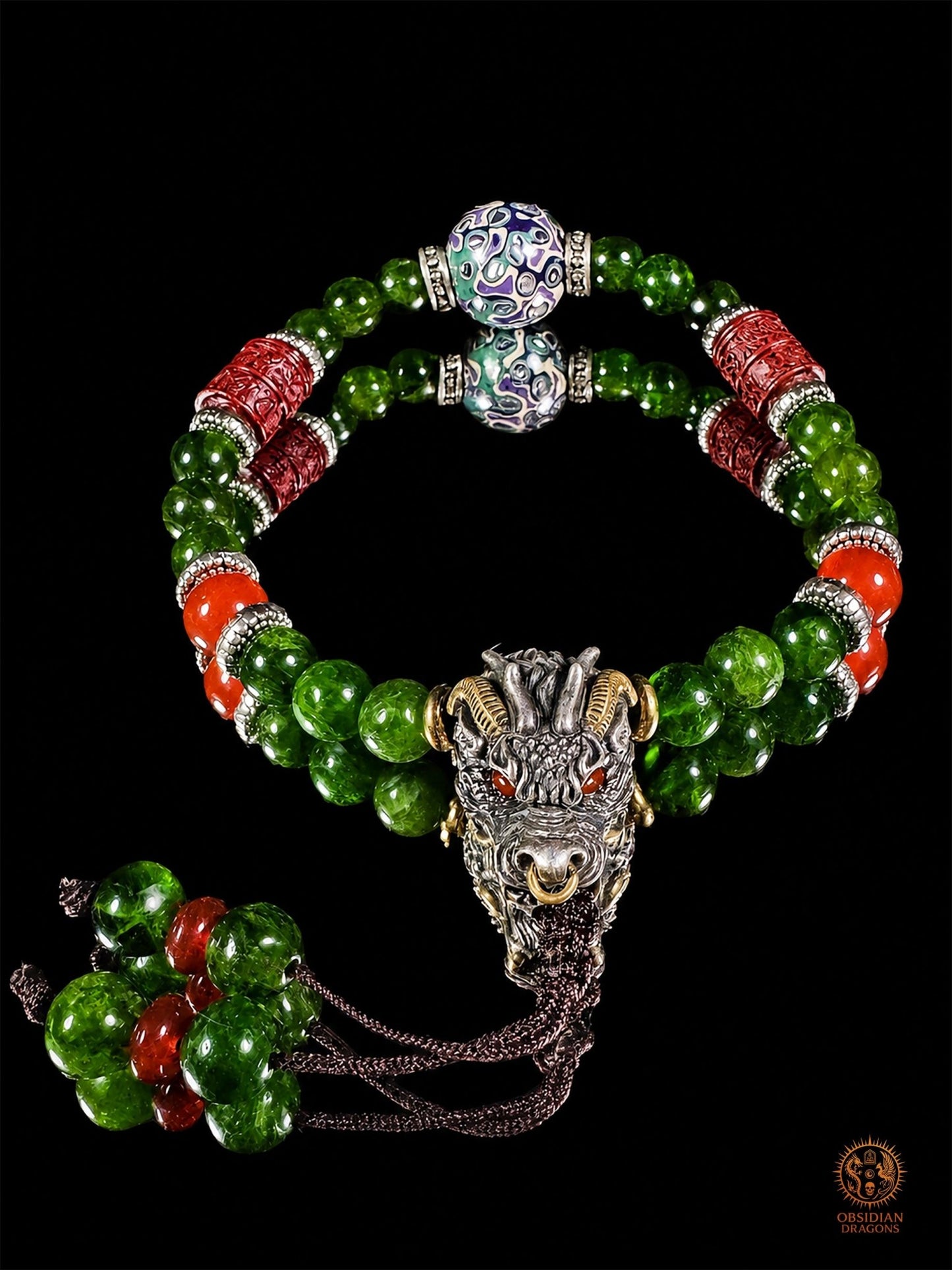 Bracelet dragon en diopside, cinabre et perle daqi - Qiuniu - obsidian dragons