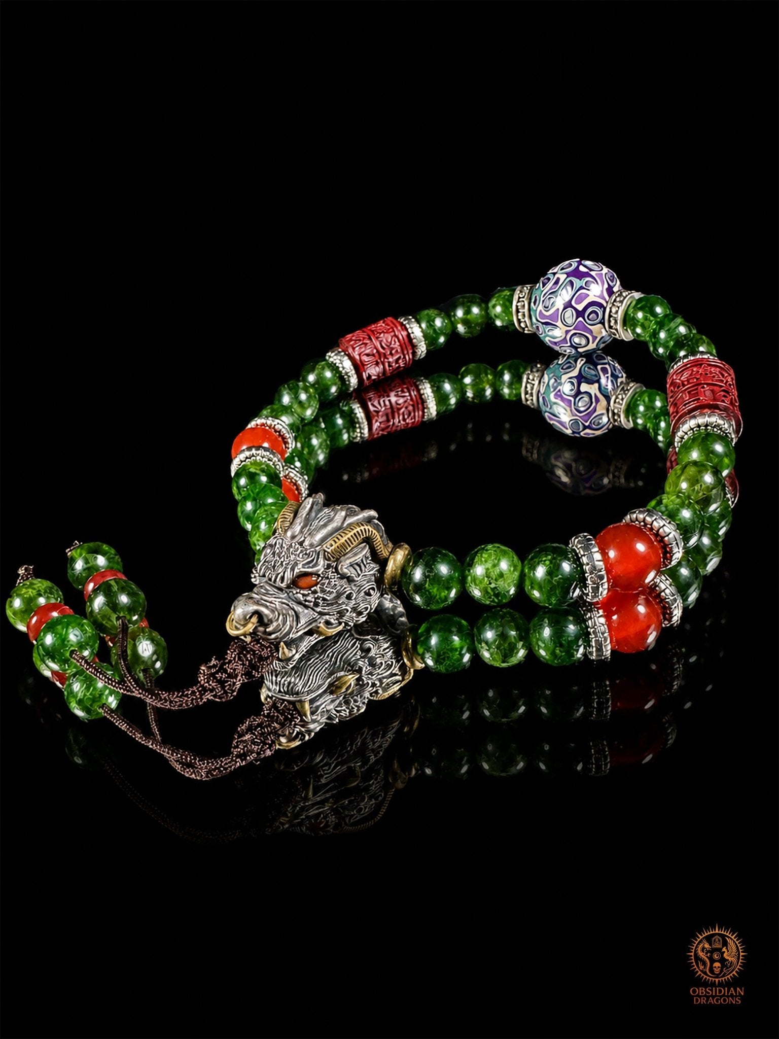 Bracelet dragon en diopside, cinabre et perle daqi - Qiuniu - obsidian dragons