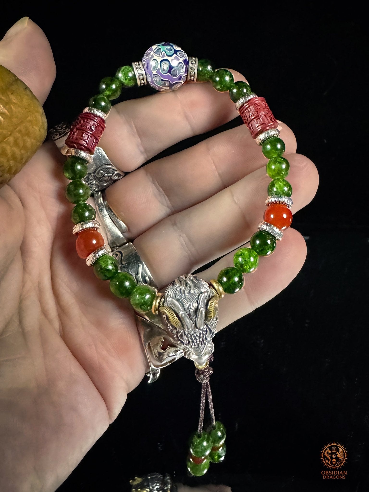 Bracelet dragon en diopside, cinabre et perle daqi - Qiuniu - obsidian dragons