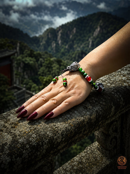 Bracelet dragon en diopside, cinabre et perle daqi - Qiuniu - obsidian dragons
