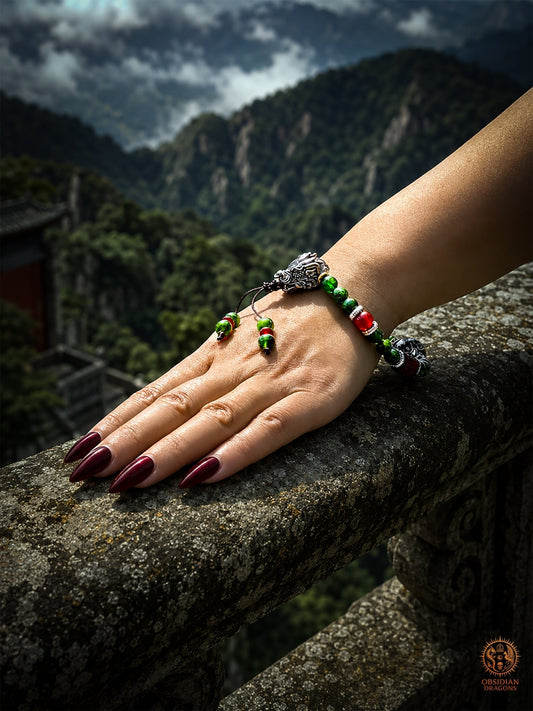 Bracelet dragon en diopside, cinabre et perle daqi - Qiuniu - obsidian dragons