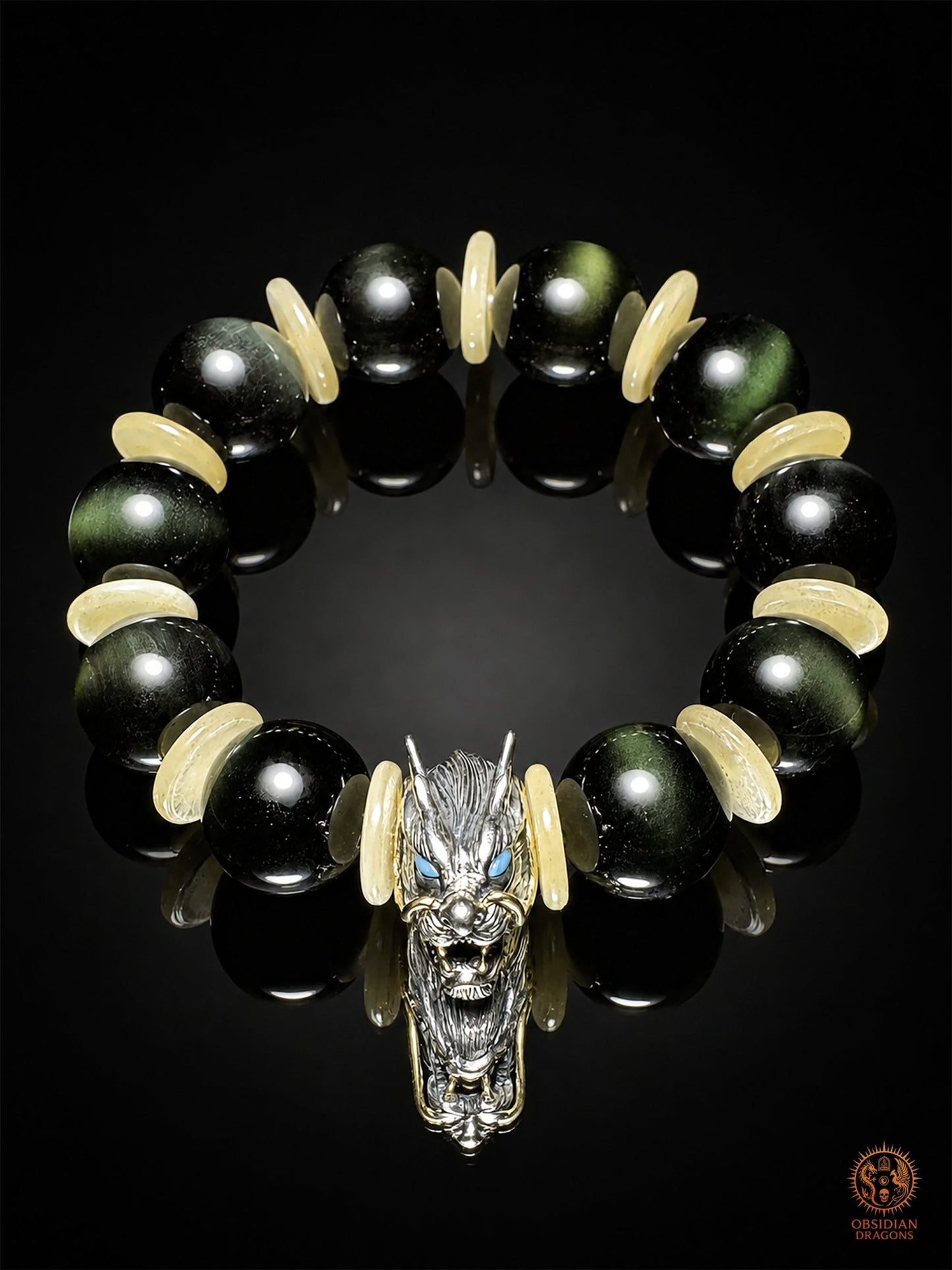 Bracelet dragon en obsidienne œil céleste - Dragon en argent