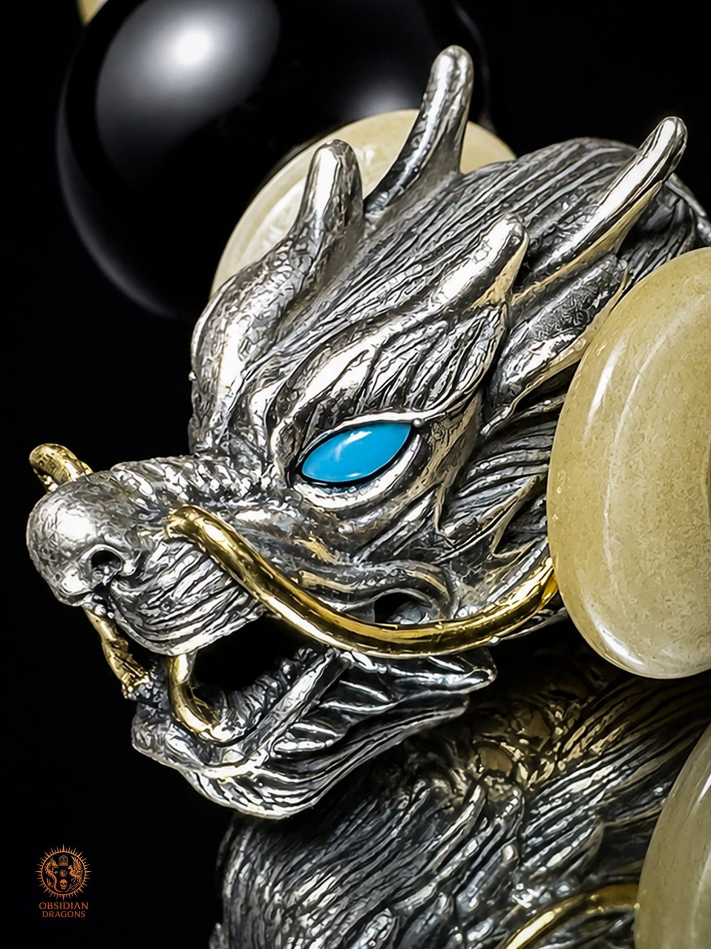 Bracelet dragon en obsidienne œil céleste - Dragon en argent