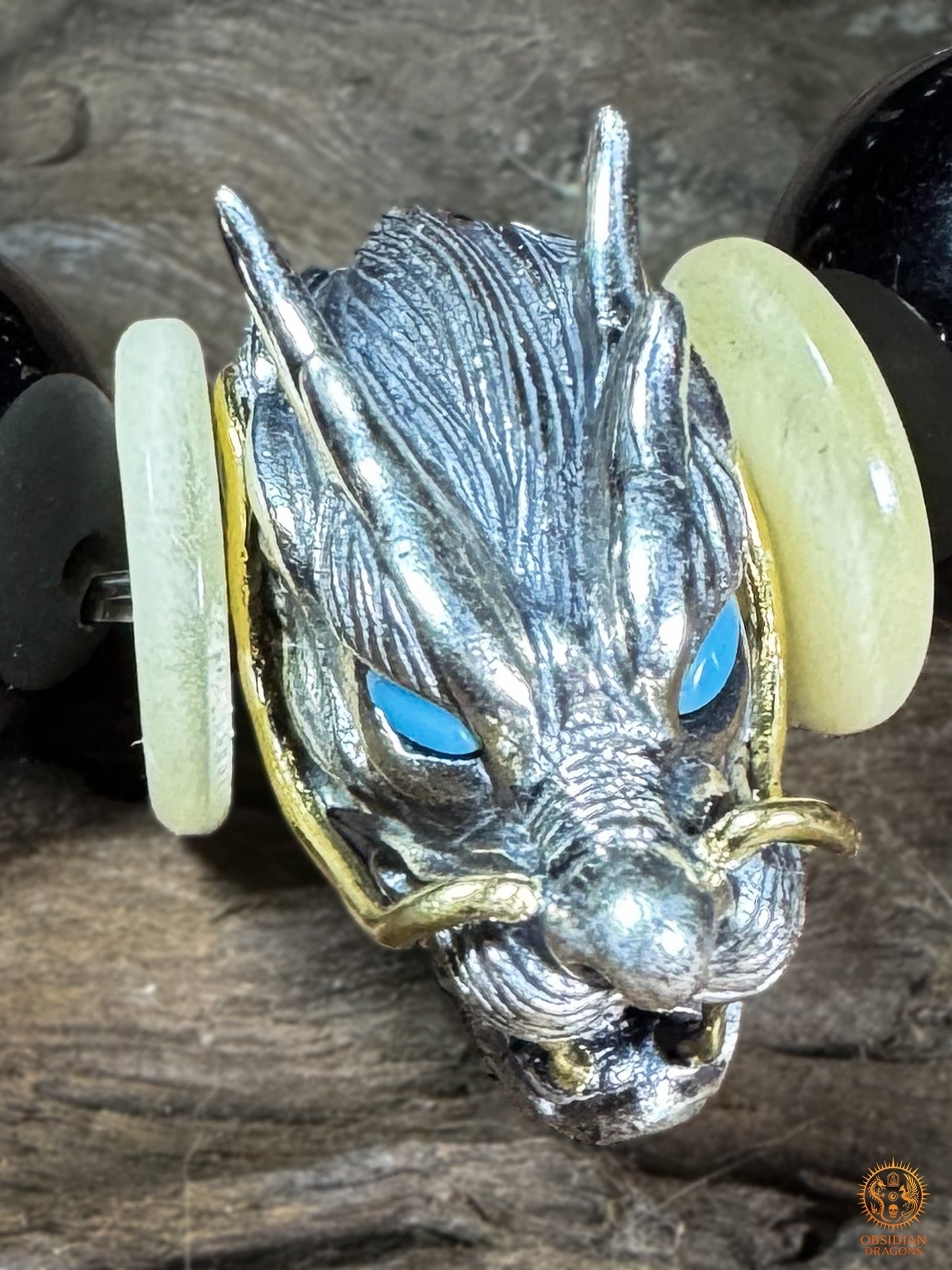 Bracelet dragon en obsidienne œil céleste - Dragon en argent