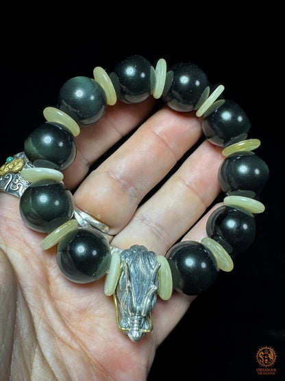 Bracelet dragon en obsidienne œil céleste - Dragon en argent