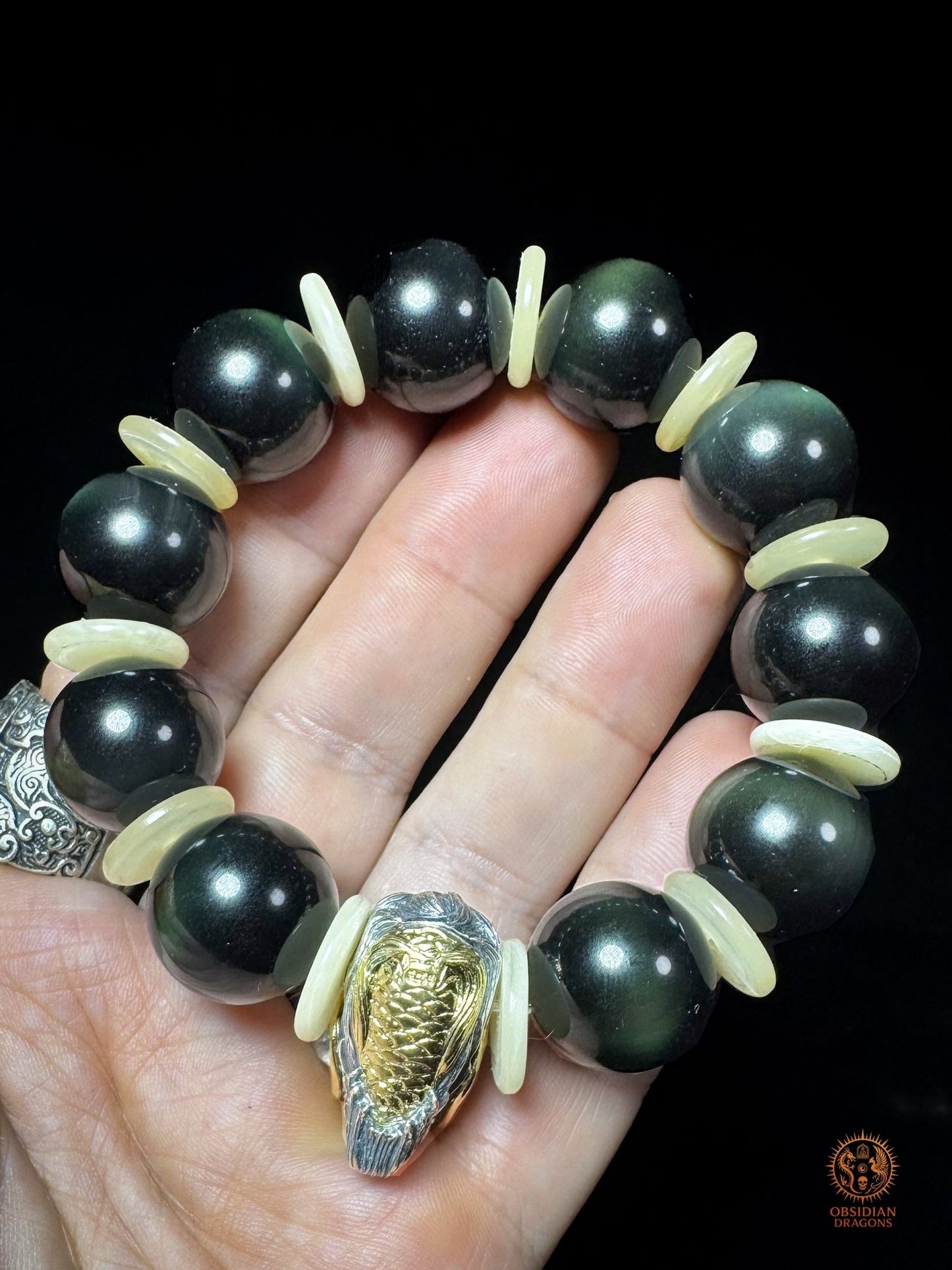 Bracelet dragon en obsidienne œil céleste - Dragon en argent