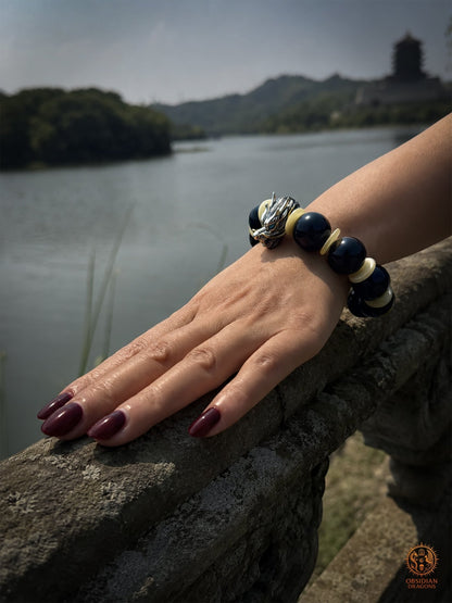 Bracelet dragon en obsidienne œil céleste - Dragon en argent