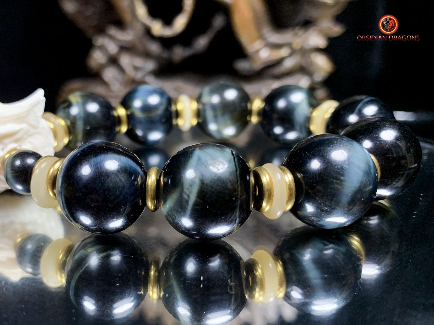 Bracelet Dragon Bois de Cerf - perles d'oeil de faucon | obsidian dragons