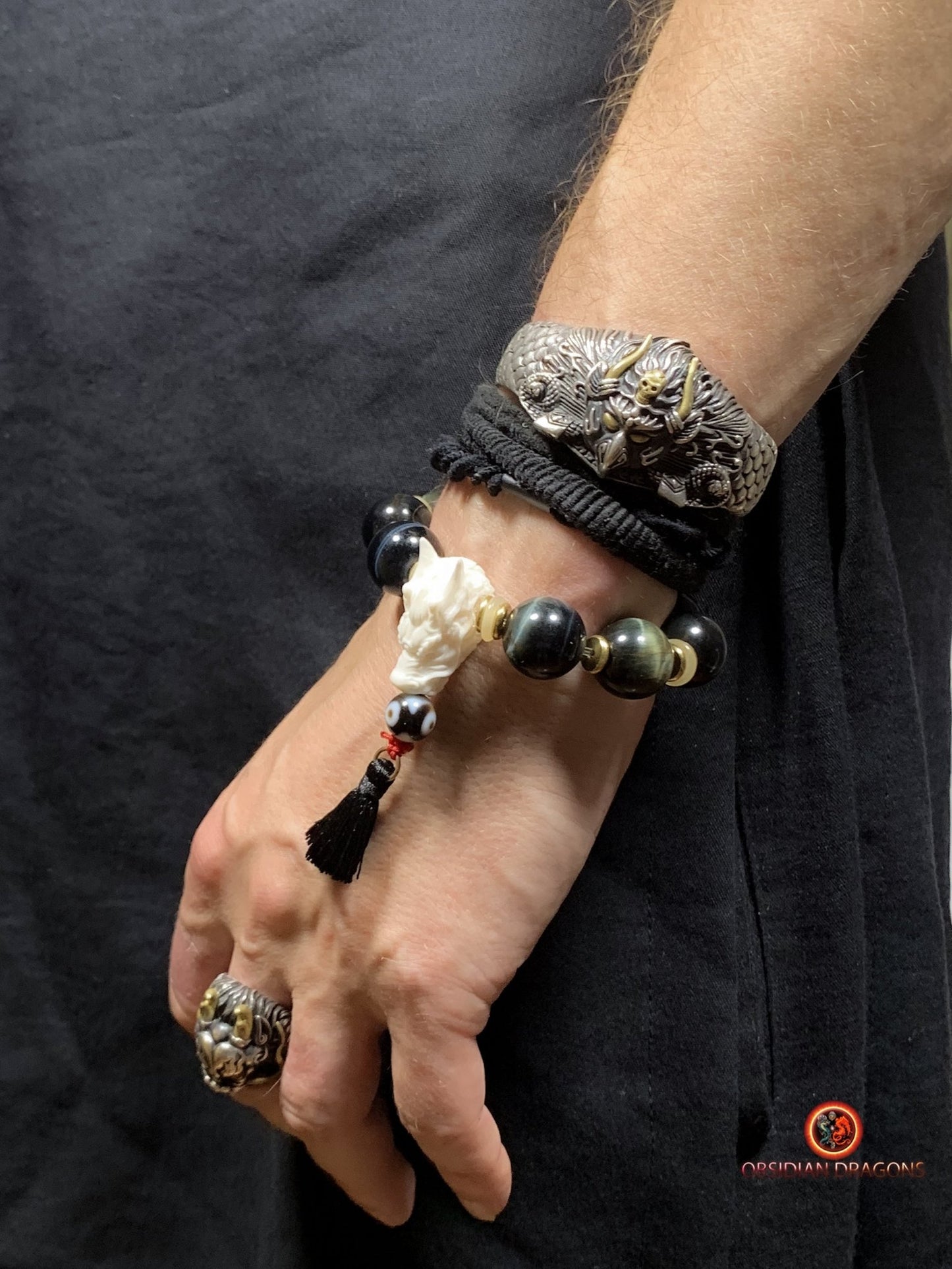 Bracelet Dragon Bois de Cerf - perles d'oeil de faucon | obsidian dragons