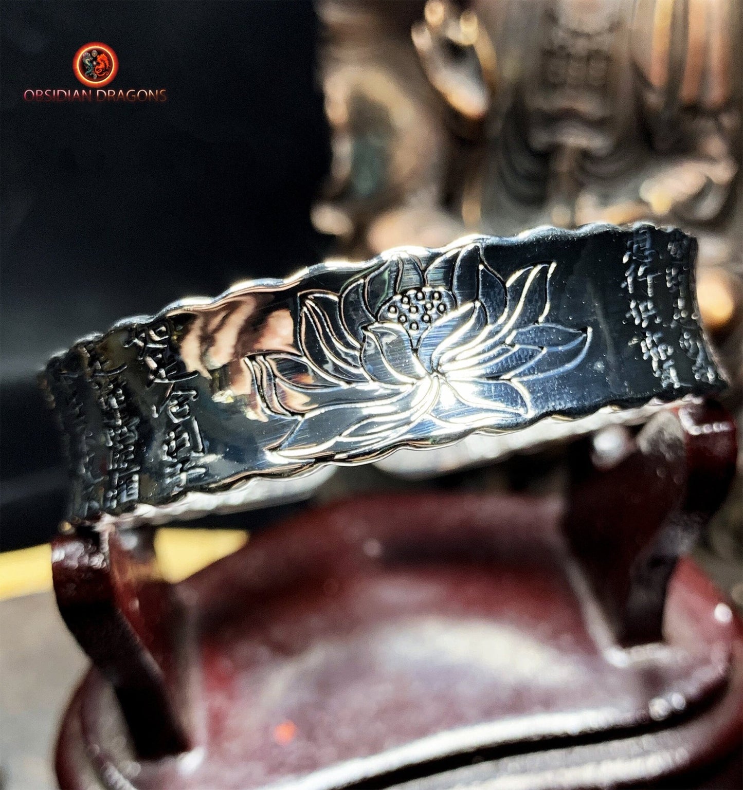 Bracelet manchette bouddhiste- Argent 999- Soutra du lotus | obsidian dragons