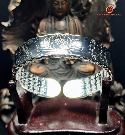 Bracelet manchette bouddhiste- Argent 999- Soutra du lotus | obsidian dragons