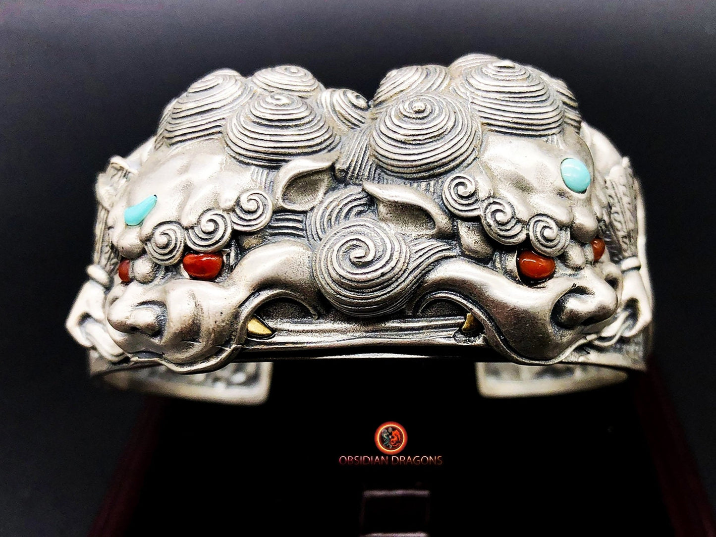 Bracelet manchette Feng shui- Lions gardiens | obsidian dragons