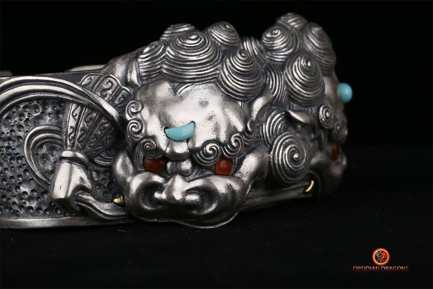 Bracelet manchette Feng shui- Lions gardiens | obsidian dragons