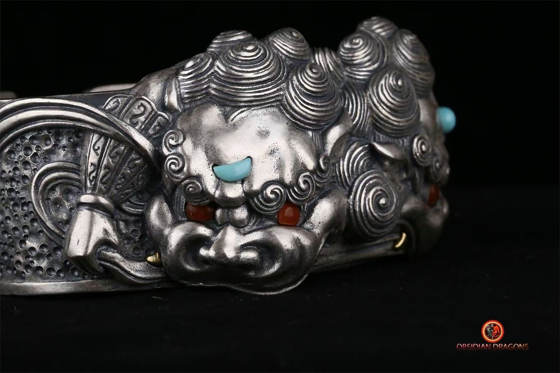 Bracelet manchette Feng shui- Lions gardiens | obsidian dragons