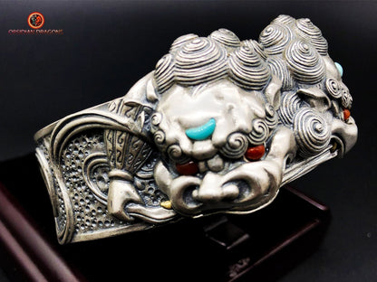 Bracelet manchette Feng shui- Lions gardiens | obsidian dragons