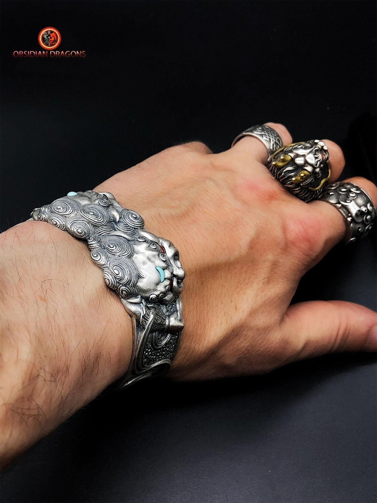 Bracelet manchette Feng shui- Lions gardiens | obsidian dragons