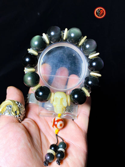 gros bracelet Obsidienne oeil celeste et crâne perles de 18mm de diamètre, os de buffle, agate sacré tibétaine (DZI) - obsidian dragon
