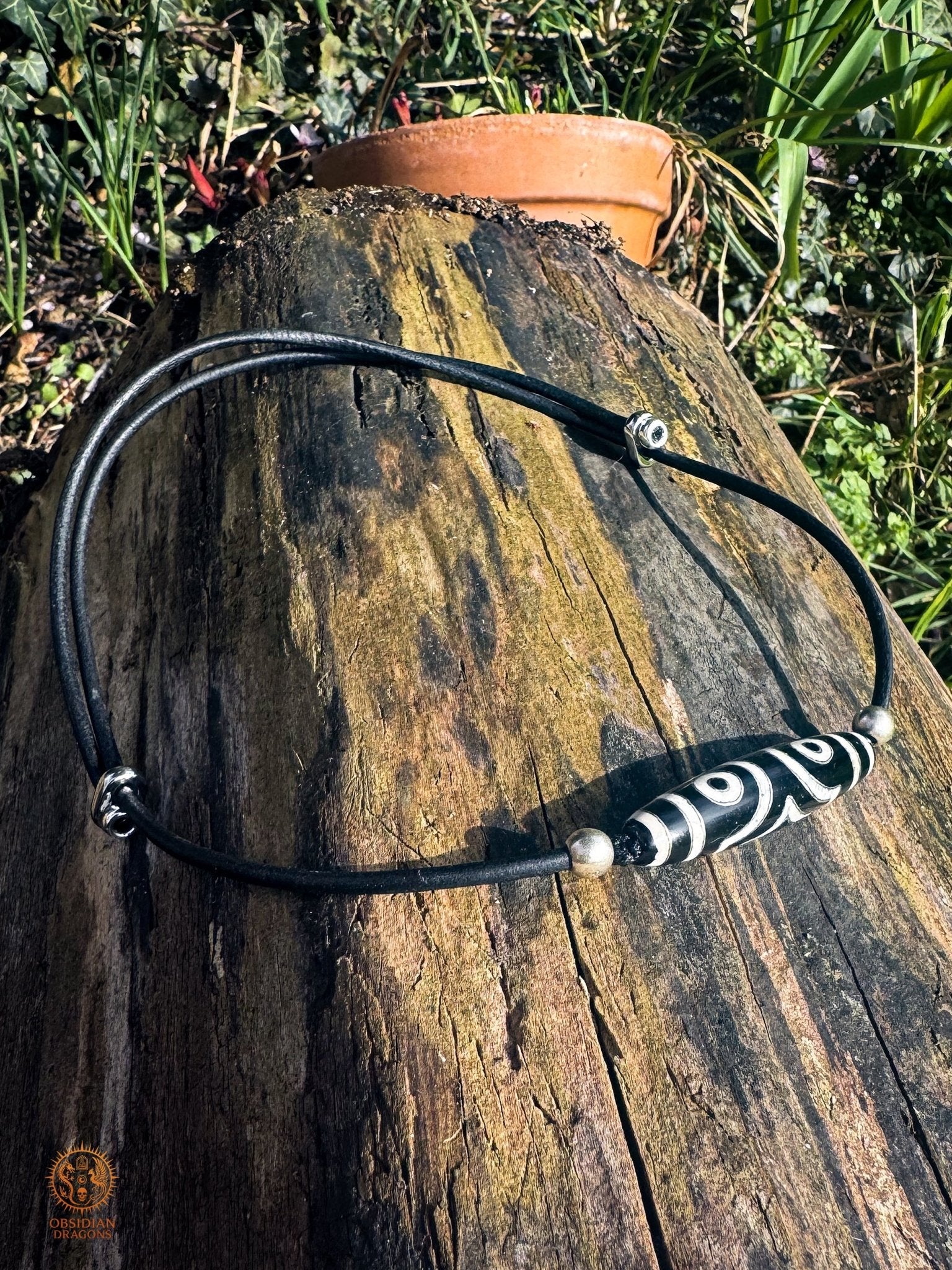 Collier DZI à 3 yeux – perle du ciel tibétaine authentique - obsidian dragons
