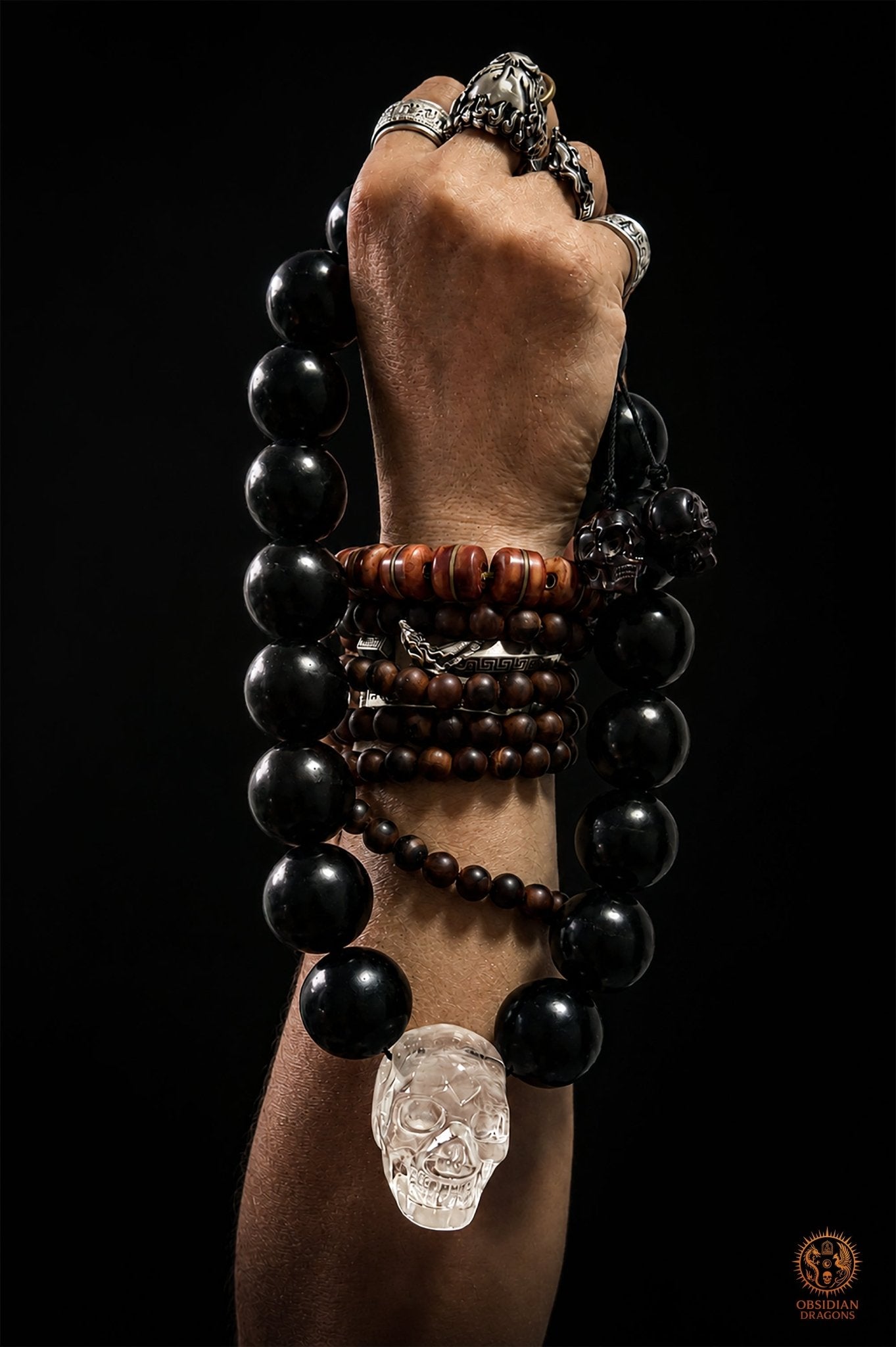 Collier mala crâne de cristal XXL – 18 perles d’ébène