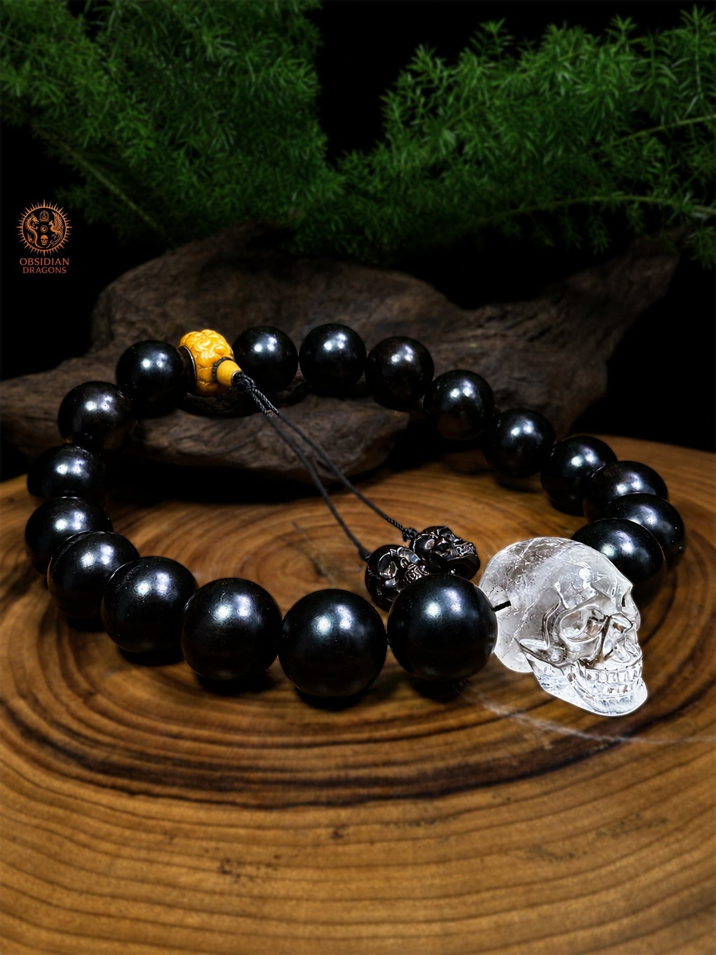 Collier mala crâne de cristal XXL – 18 perles d’ébène